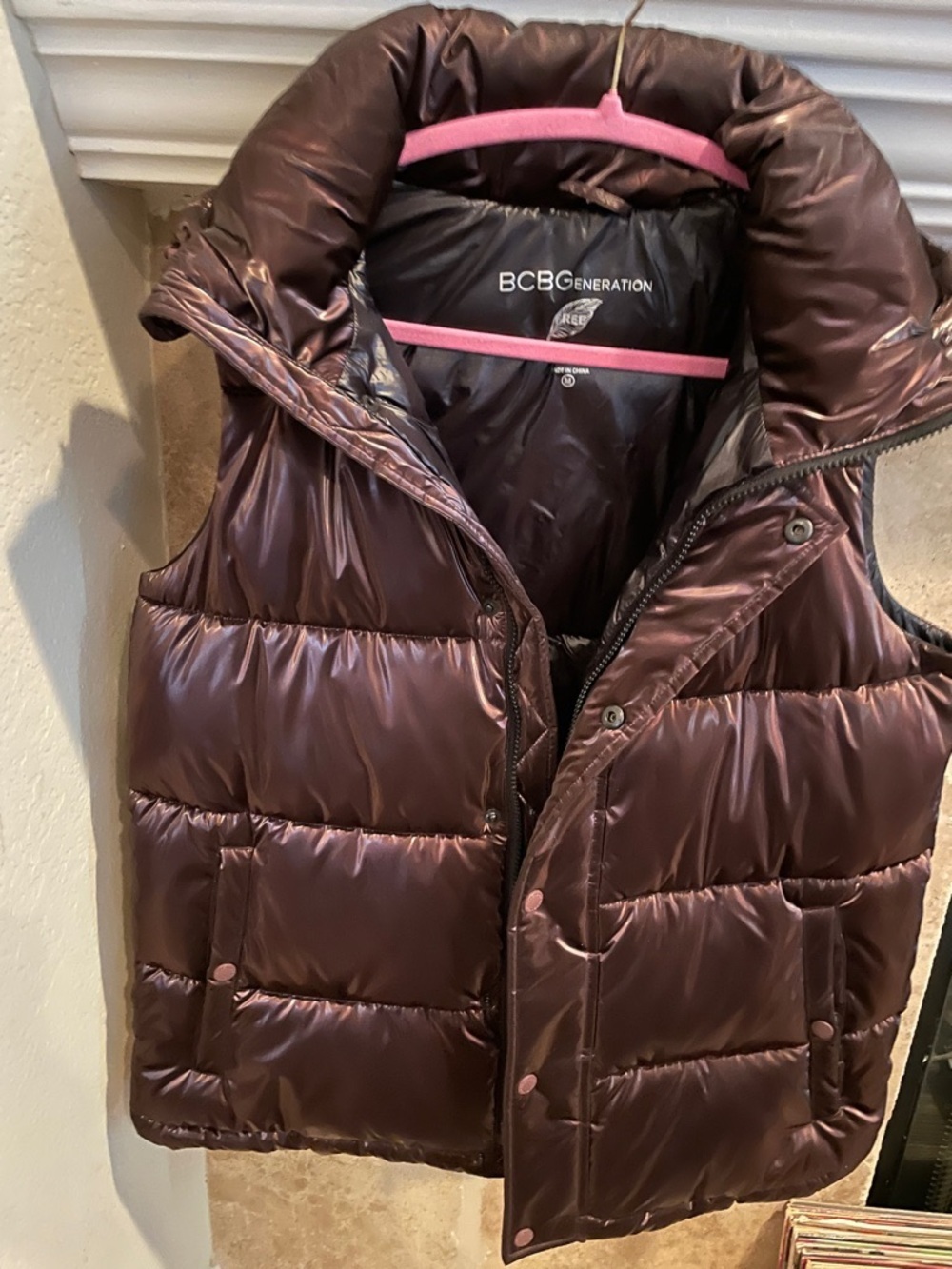 BCBGeneration Hood Brown Copper Metallic Quilted Puffer Vest Outdoorsy Casual M